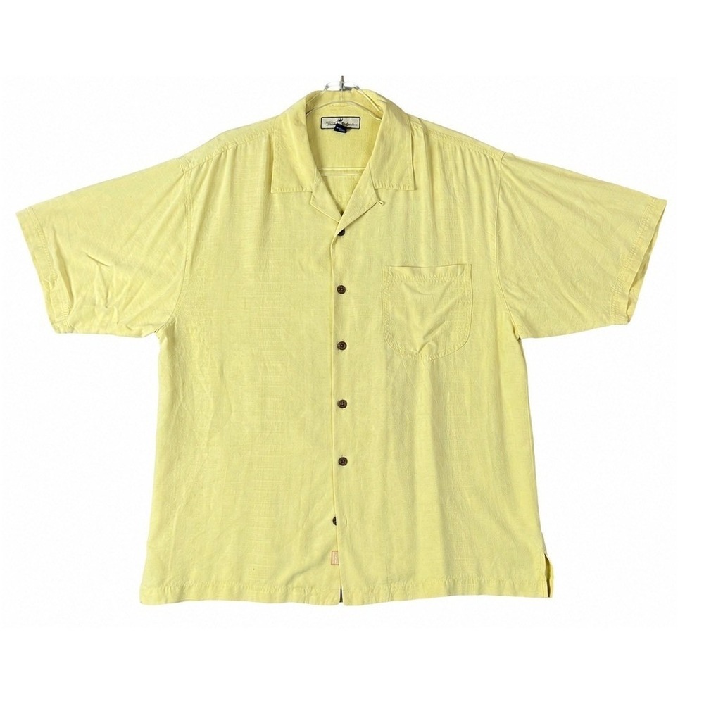 Tommy Bahama Silk Camp Shirt Men Large Yellow Short Sleeve Button Up Tropical